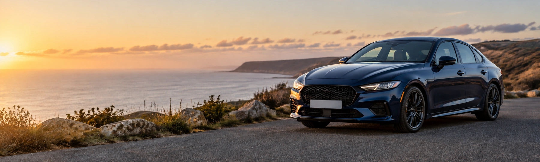 A dark blue sedan parked at a coastal pull-off at sunset